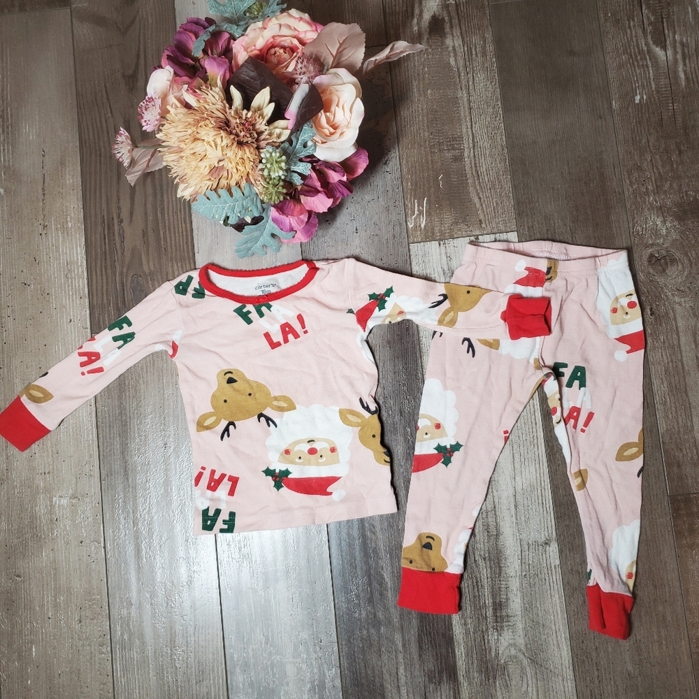 Carter's Toddler Girl Size 18m Pink Christmas Holiday Matching Pajamas Pjs 2pc